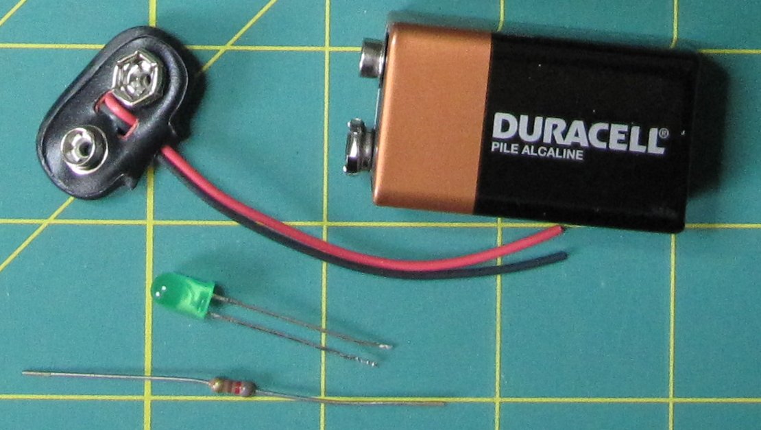 9v battery, connector, led, resistor